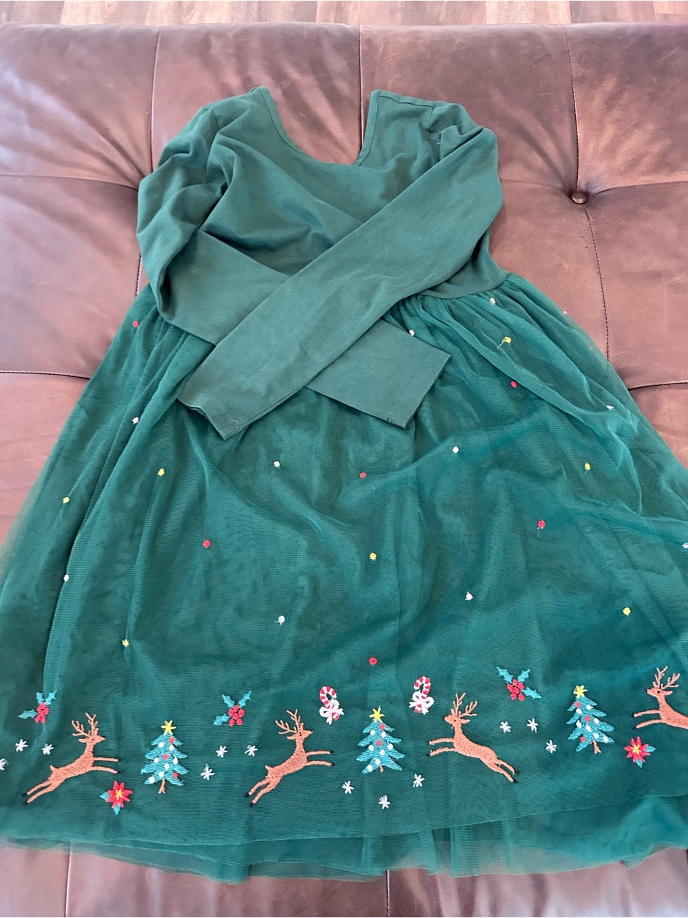 Hanna Andersson Forest Green Holiday Dress with Embroidered Motifs